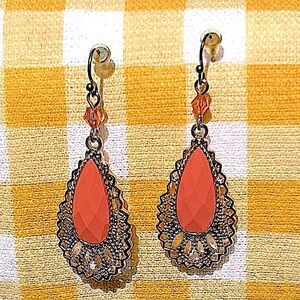 Gold Filigree Coral Orange Drop Earrings Lightweight Travelers